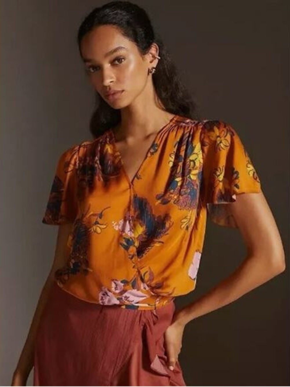 Anthropologie Tiny brand surplice wrap top in a mustard yellow floral print NWT